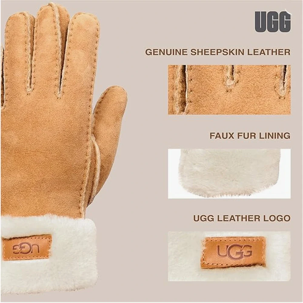 UGG Australia Shearling Turn Cuff Gloves Size Medium Chestnut Water Resistant